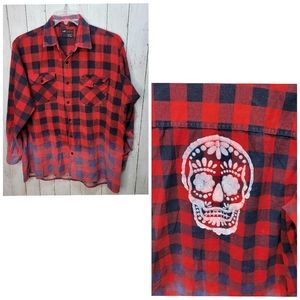 DIY Red Black Check Flannel Bleached Sugar Skull Goth Punk Festival Size 2X.